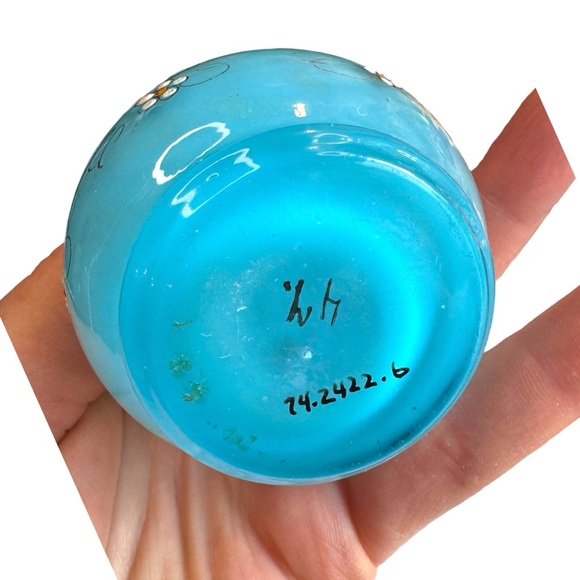 Antique Hand painted Blue Opaline French perfume bottle 4x3” - Picture 3 of 6